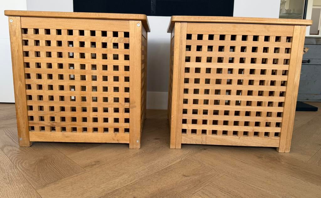 2x Houten opbergkist met deksel – latwerk – 50x50x50, Tuin en Terras, Tuinmeubel-accessoires, Ophalen, Zo goed als nieuw