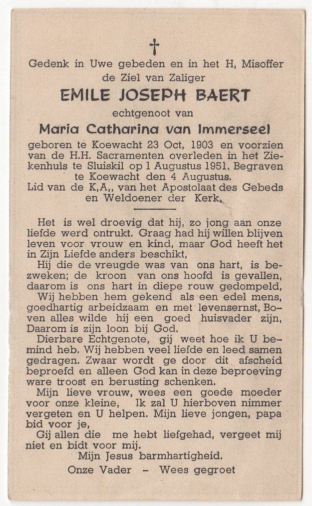 Emile J. Baert 1903 Koewacht + 1951 Sluiskil, 47 jaar oud, Ophalen of Verzenden