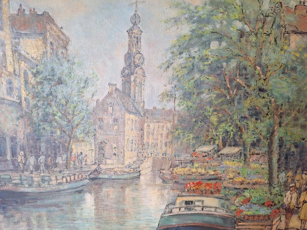 Schilderij Bloemenmarkt Amsterdam, door Roelofs, Antiek en Kunst, Ophalen of Verzenden