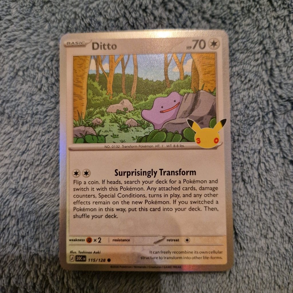 Ditto 115/128 Pokémon 30th Celebration holo, Ophalen of Verzenden, Zo goed als nieuw, Losse kaart, Foil