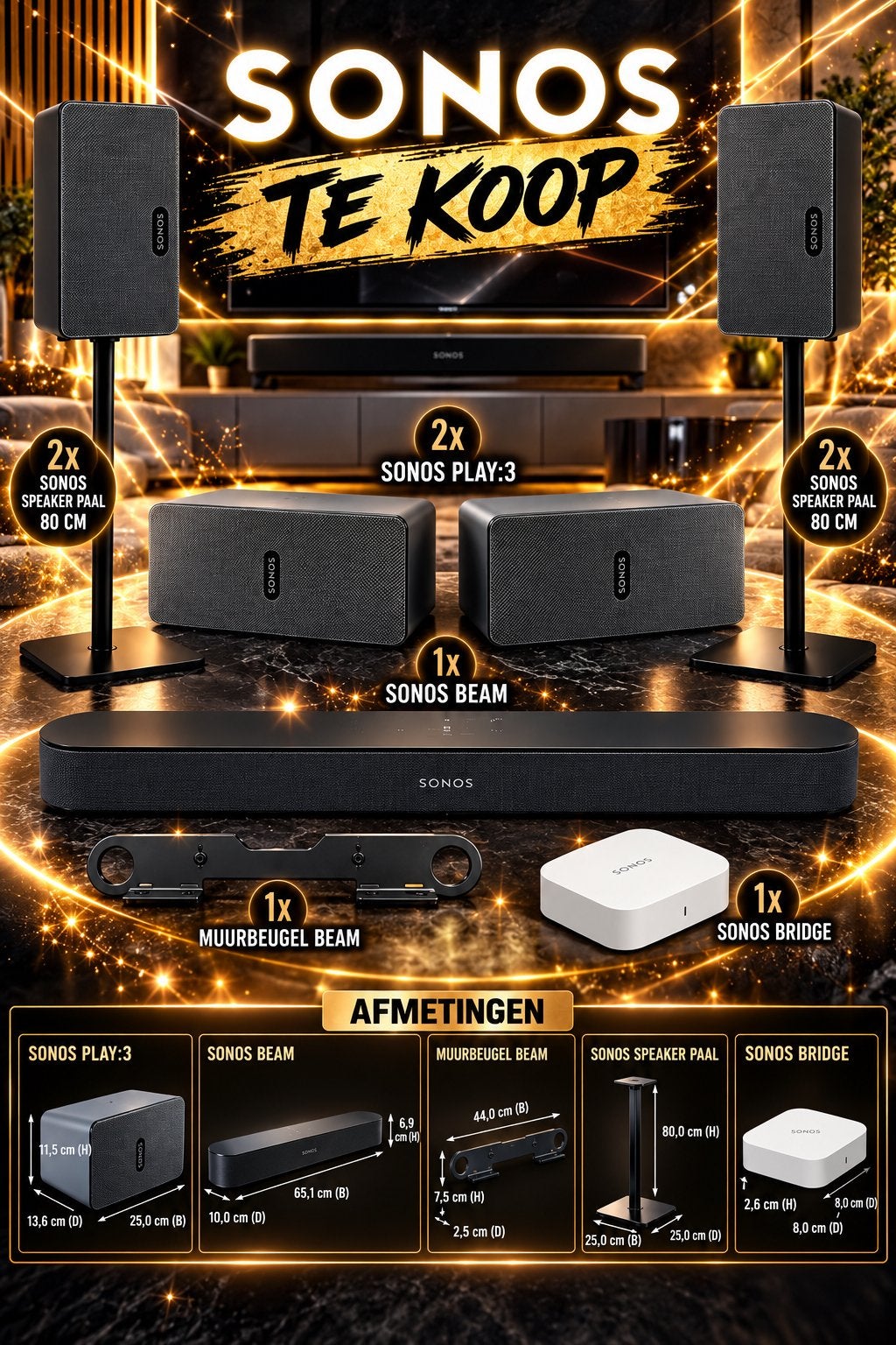 Sonos set 2x Play3 en Sonos beam met beugels
