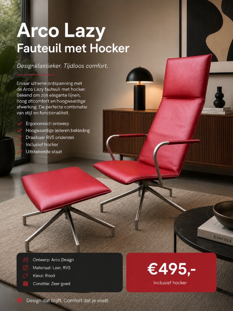 Arco Lazy Lay-Down incl Hocker Fauteuil, Ophalen, Dutch Design Vintage klassiek industrieel modern tijdloos, 75 tot 100 cm, Zo goed als nieuw