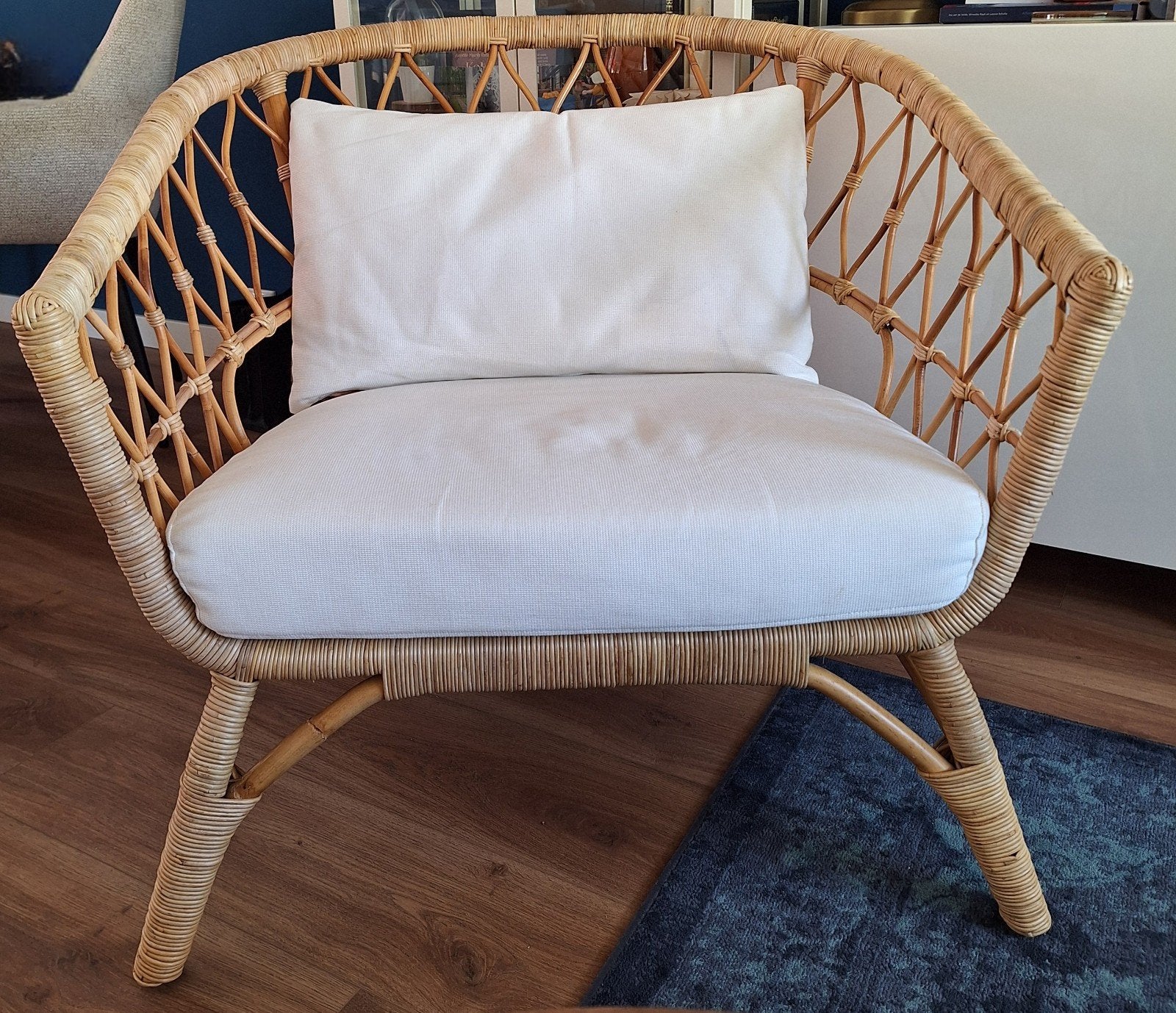 Rotan fauteuil met kussens (IKEA Stockholm), Ophalen, Scandinavisch, Bohemian, 75 tot 100 cm, Stof