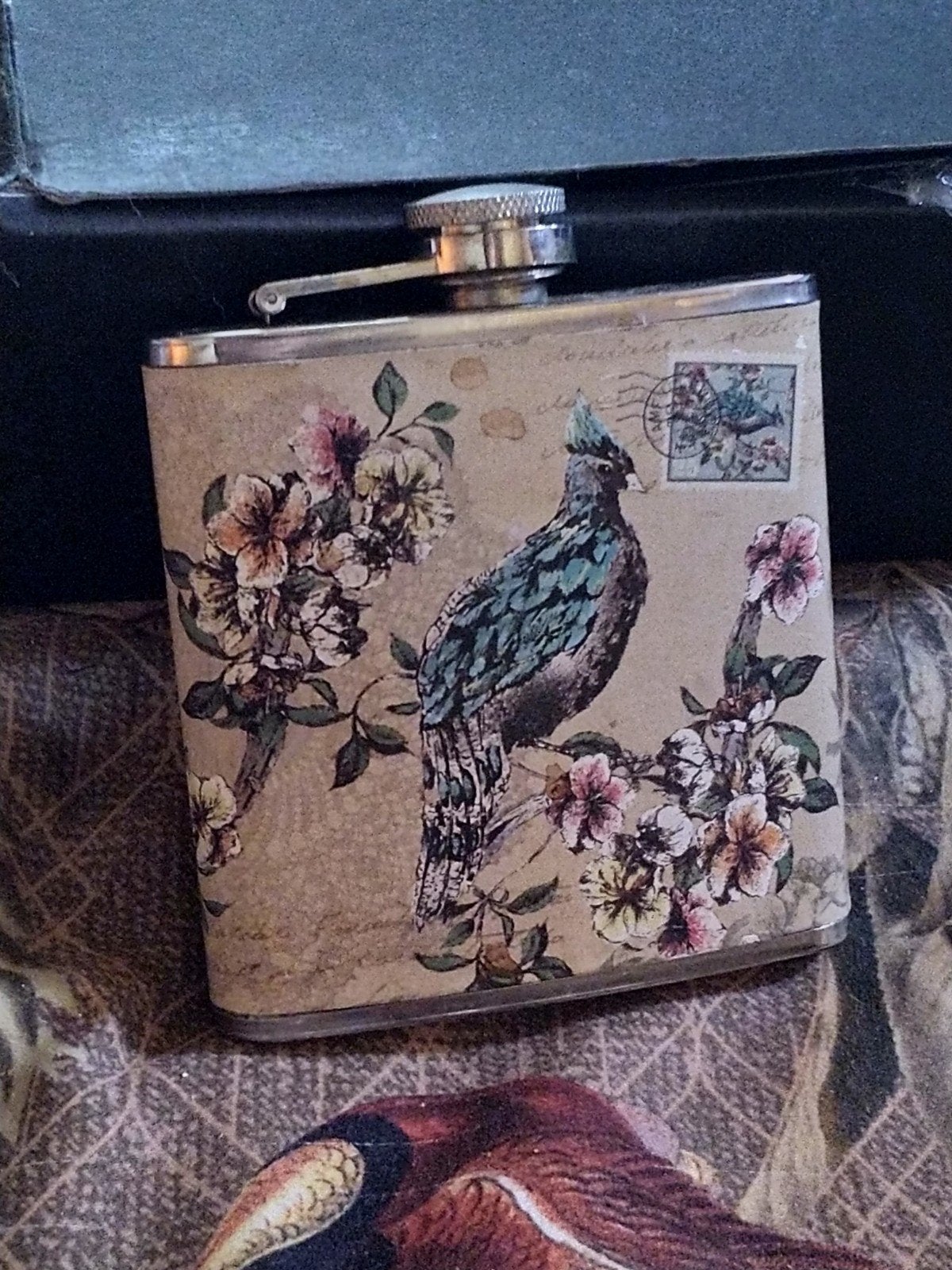 Vintage Engelse Zakfles met Uniek Decor, Ophalen of Verzenden