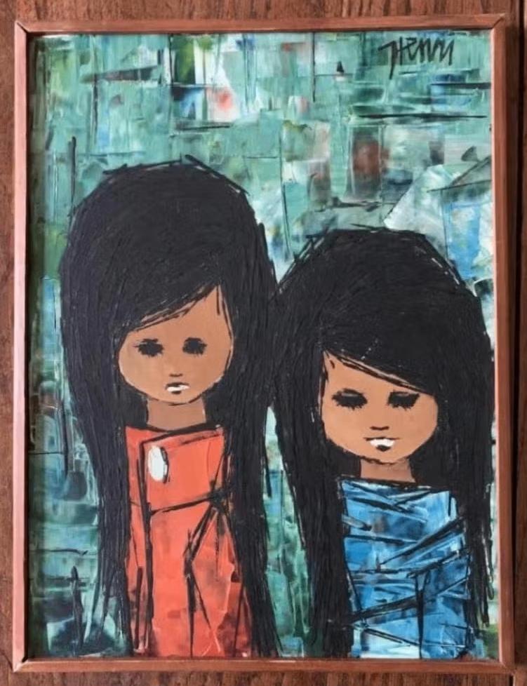 Schilderij 2 meisjes, meiden; ongeveer 42 x 31,5 cm; Henna, Antiek en Kunst, Kunst | Schilderijen | Klassiek, Ophalen of Verzenden