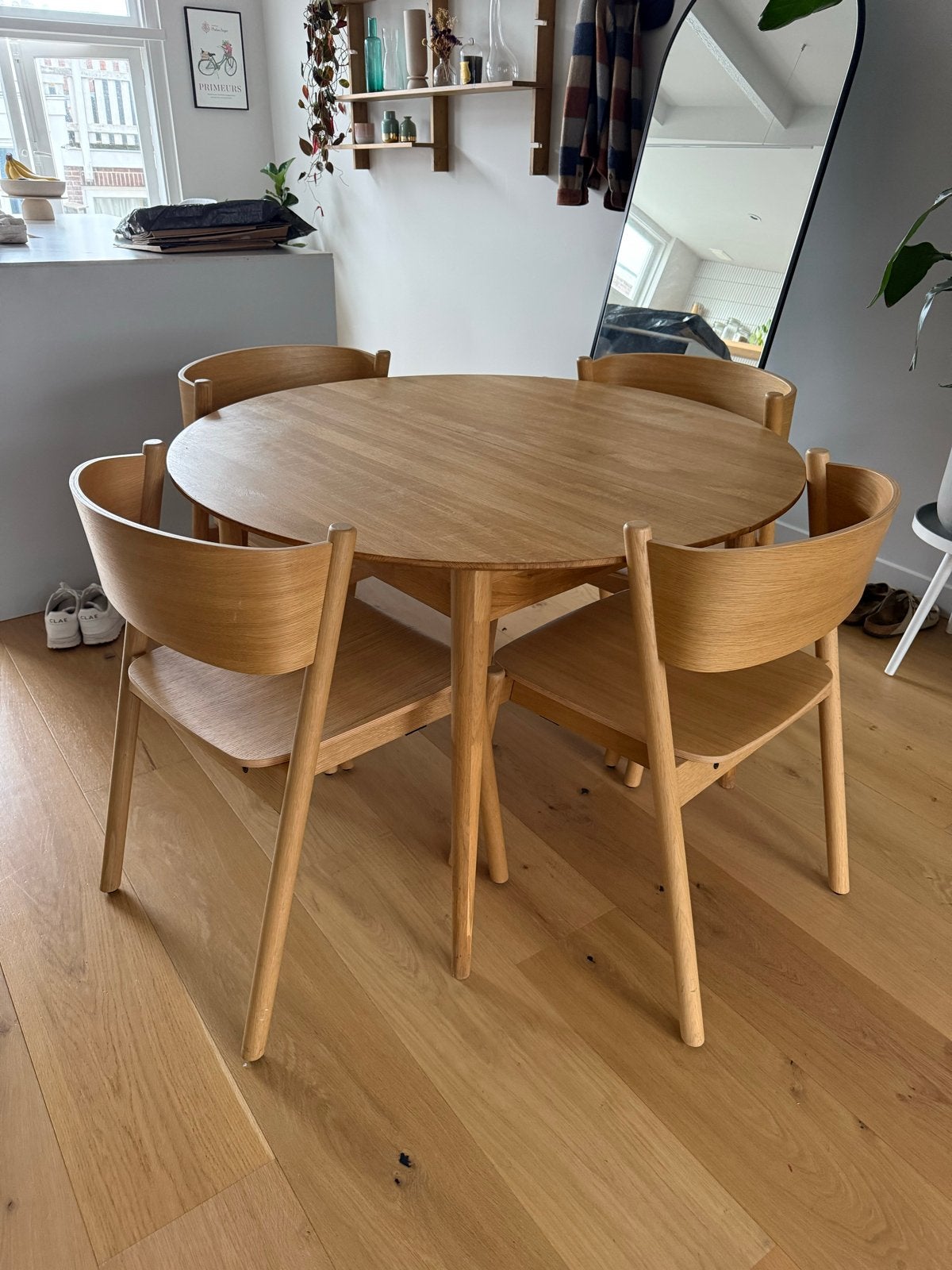 Uitschuifbare ronde eiken eettafel - 110cm, Ophalen, 100 tot 150 cm, Zo goed als nieuw, Eikenhout