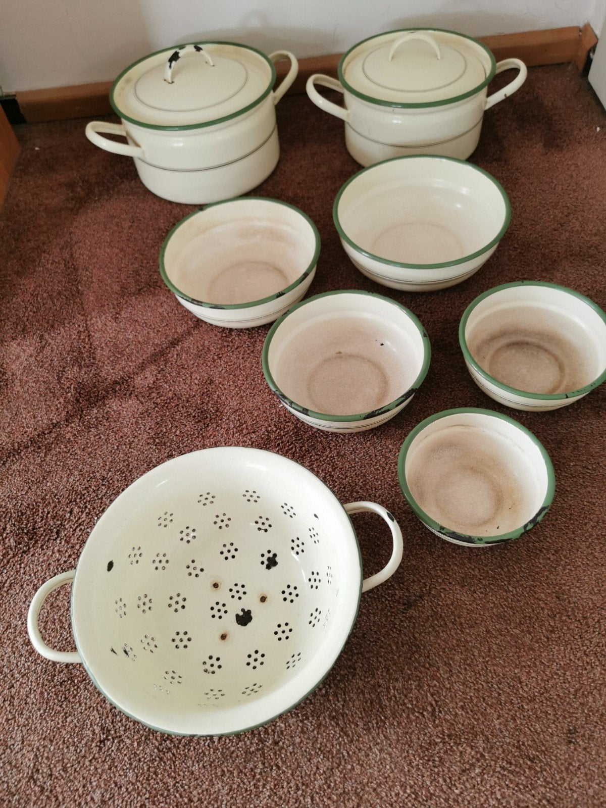 Vintage geëmailleerde pannen en schalen set, Antiek en Kunst, Ophalen of Verzenden