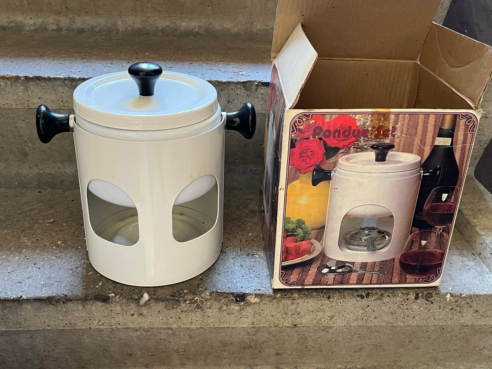 Compleet Fondue Stel - Wit Emaille met Brander, Witgoed en Apparatuur, Fonduesets, Ophalen of Verzenden, Zo goed als nieuw, Brander