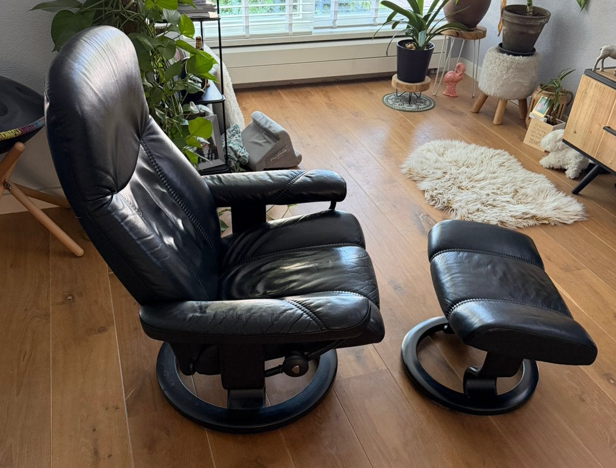 Stressless stoel zwart medium, Ophalen, Gebruikt, Leer, 50 tot 75 cm