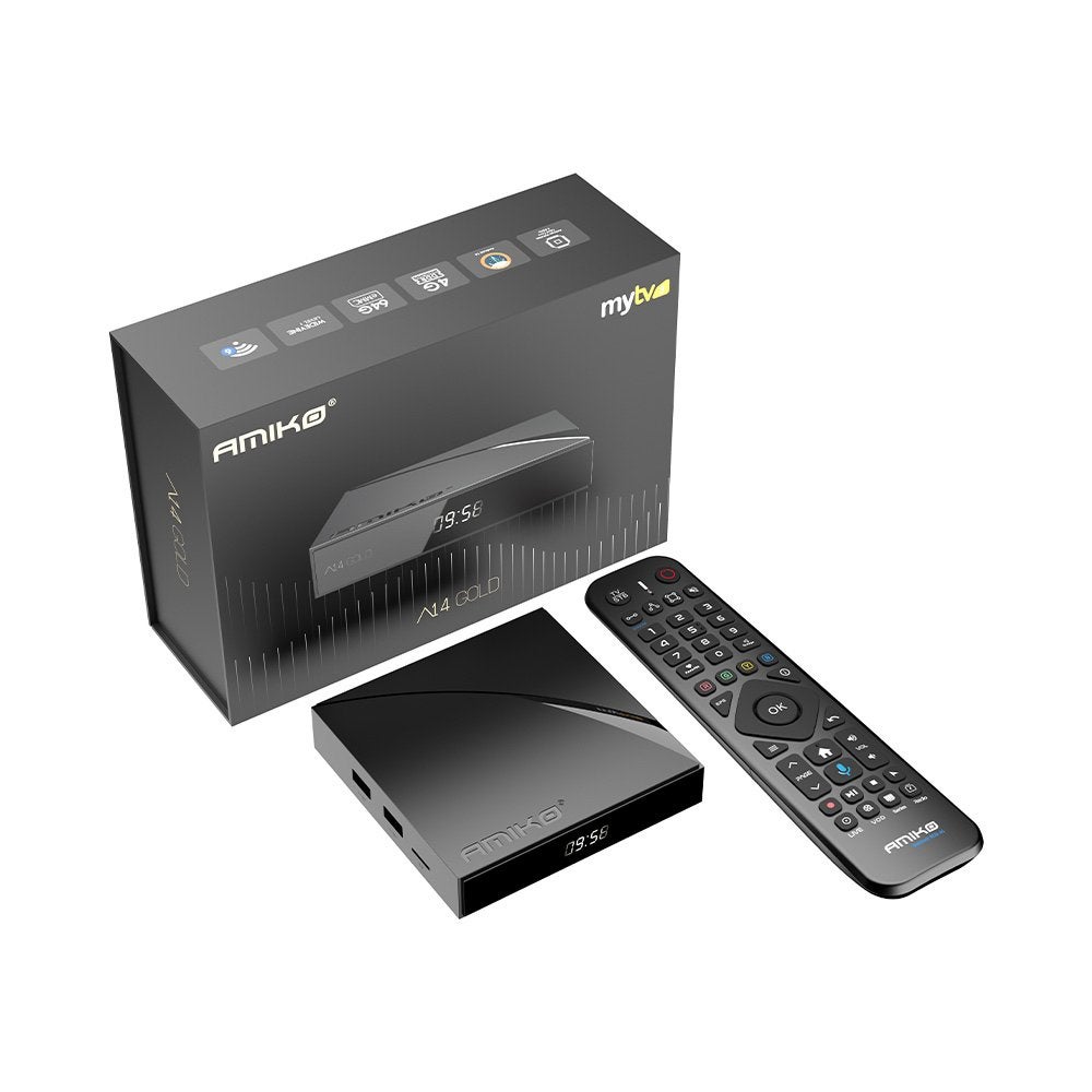 Amiko A14 Gold 4K Android 14 TV Box | 4GB/64GB WiFi 6, Ophalen of Verzenden, Nieuw, USB 2, Minder dan 500 GB
