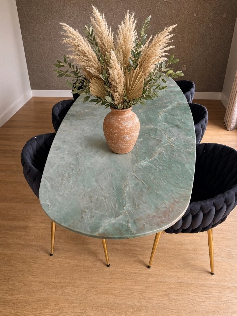 Luxe ovale eettafel groen marmer als nieuw, Huis en Inrichting, Ophalen, Mix van modern luxe en glam industrial, 200 cm of meer