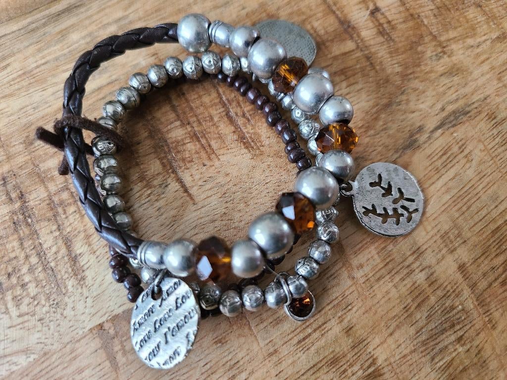Set van 3 armbanden, bruin/zilver, elastisch, Ophalen of Verzenden, Nieuw, Bruin, Overige materialen