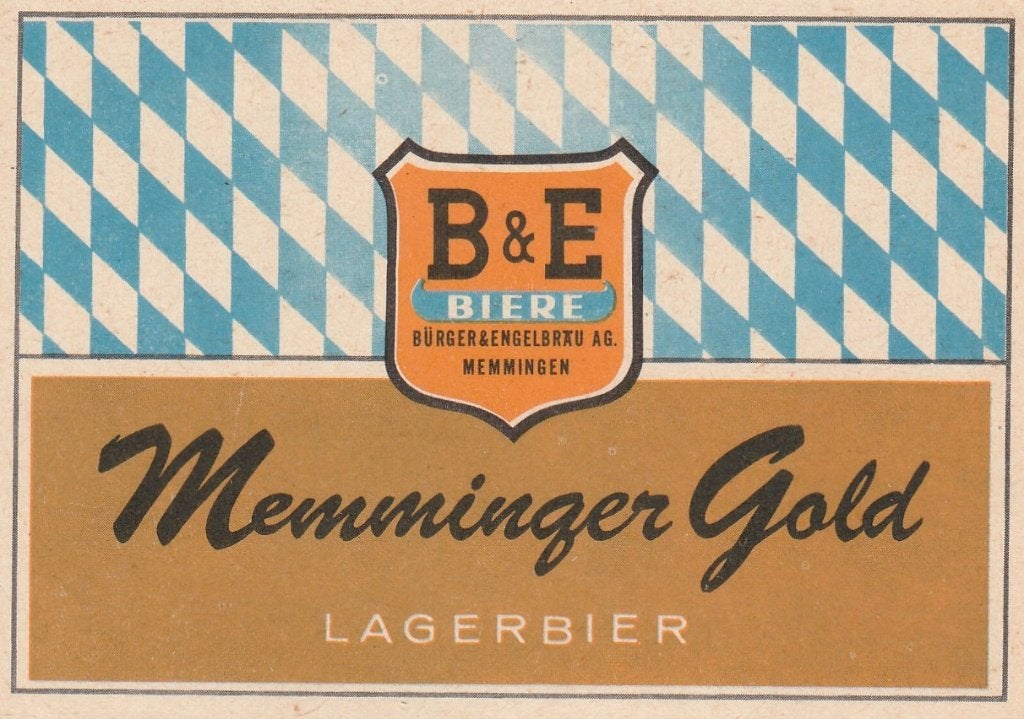 oud bieretiket Duitsland B&E Memmingen Memminger Gold, Verzenden, Zo goed als nieuw, Overige typen, Overige merken