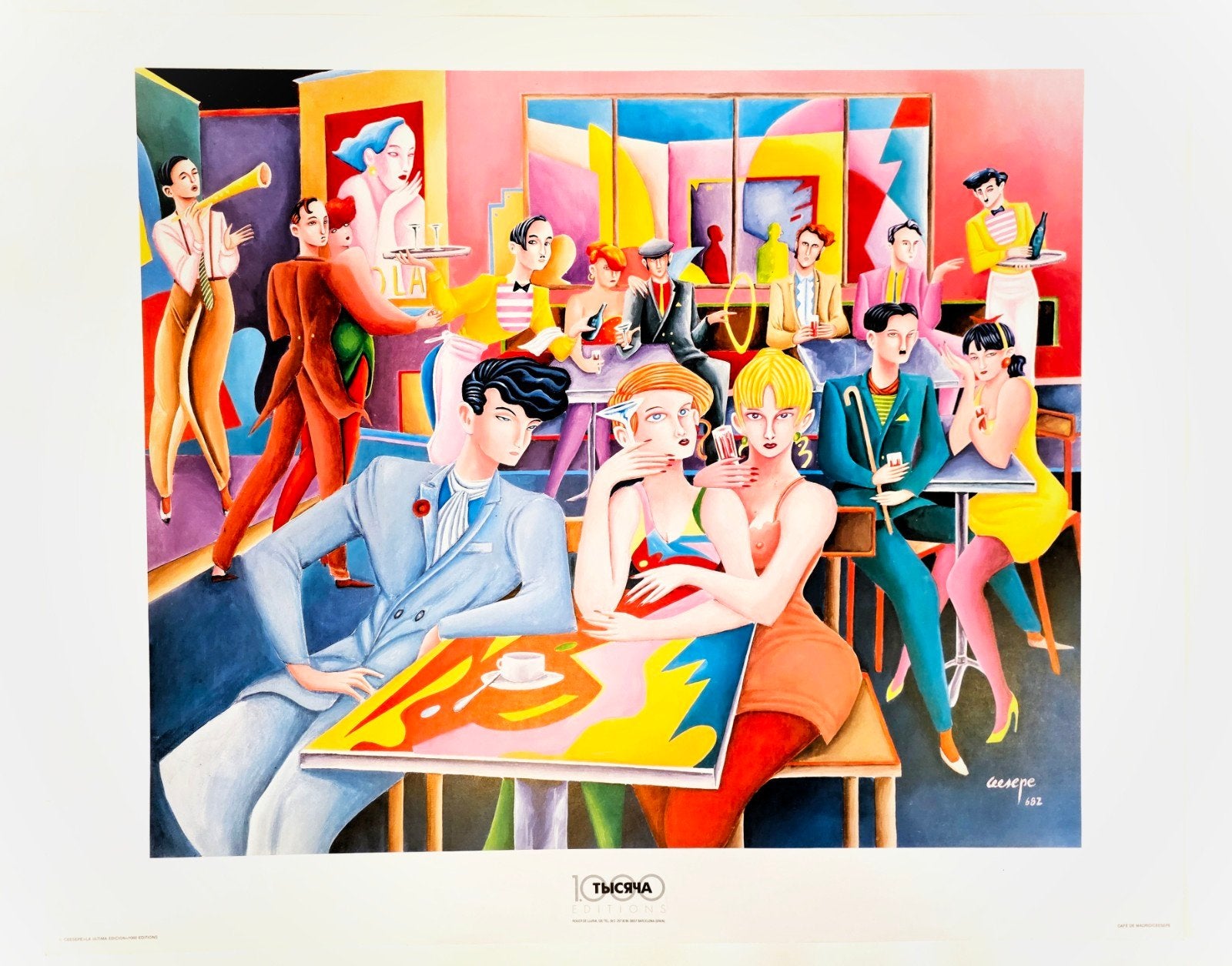 Ceesepe" (Christian Domecq) "Café de Madrid", Personages en Fantasiefiguren, Gesigneerd in de plaat, Offsetdruk, Ophalen of Verzenden