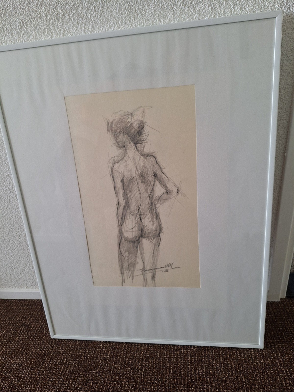 Ingelijste potloodtekening van naaktfiguur, Antiek en Kunst, Kunst | Tekeningen en Foto's, Ophalen of Verzenden, Tekening, Potloodtekening