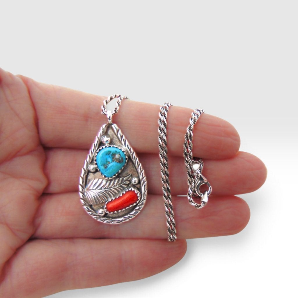 Prachtige grote zilveren NAVAJO turquoise koraal hanger!, Verzenden, Zo goed als nieuw, X, Met edelsteen