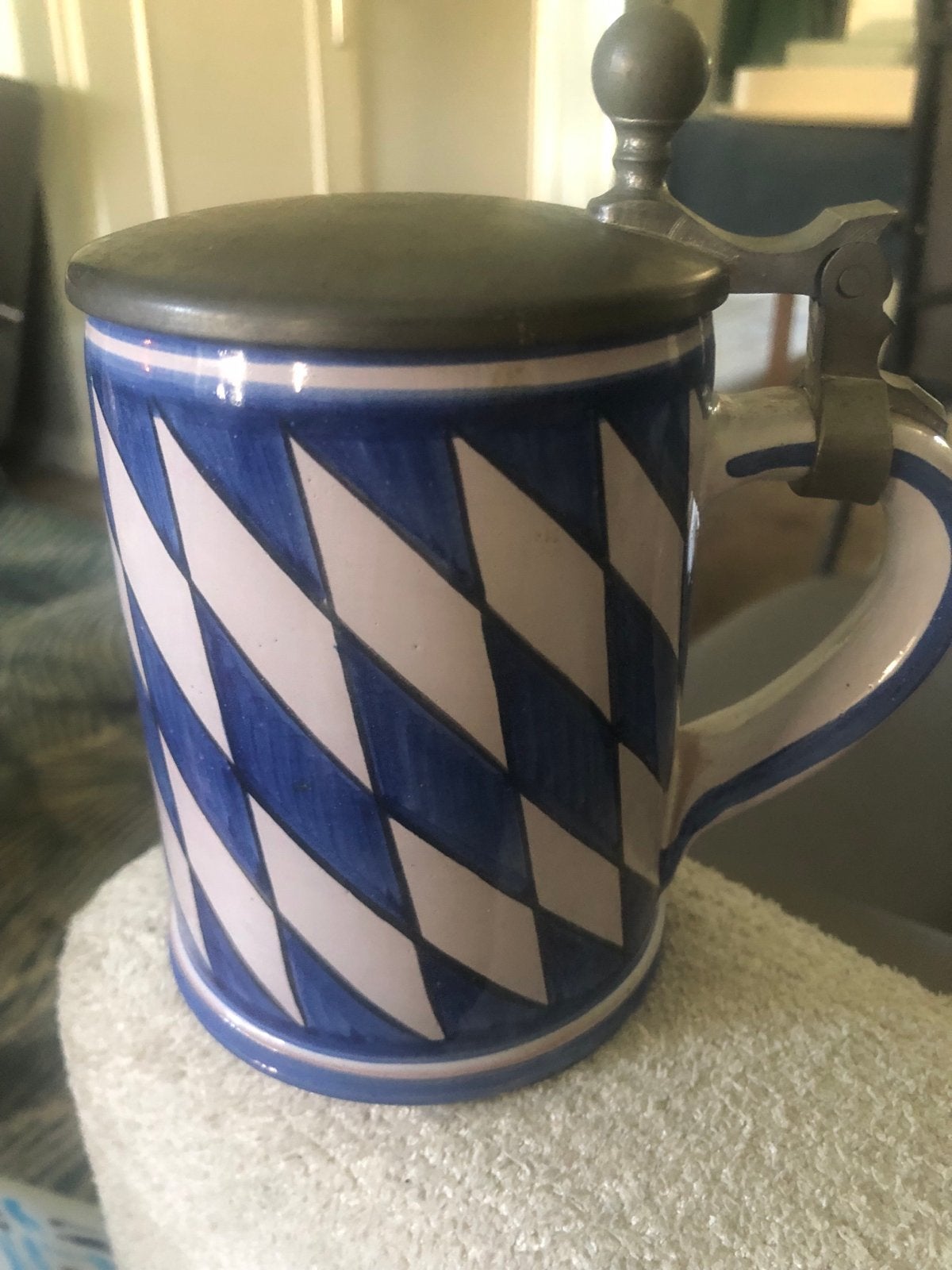 Handgeschilderde Duitse Bierpul met Tinnen Deksel, Antiek en Kunst, Ophalen