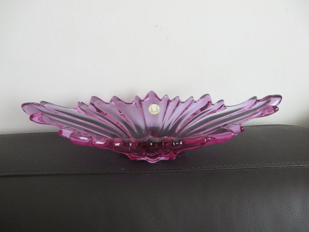 Vintage roze kristal glazen schaal, Boheems, Tsjechisch, Antiek en Kunst, Ophalen of Verzenden