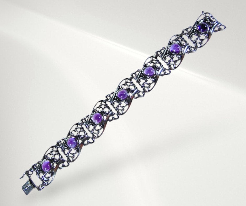 Sublieme ART NOUVEAU 800 zilveren amethist paneel armband!, Verzenden, Zo goed als nieuw, X, Met edelsteen