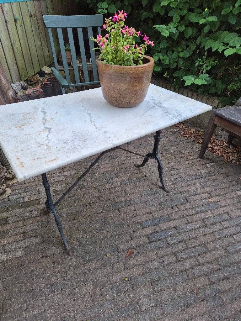 Tuintafel met marmeren blad ijzerenonderstel, Tuin en Terras, Ophalen, Gebruikt, Rechthoekig, Overige materialen