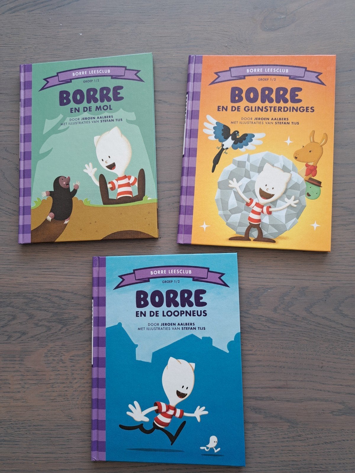3 Borre Leesclub boeken: De Mol, Glinsterdinges, Loopneus, Ophalen, Zo goed als nieuw, Jeroen Aalbers, 2 tot 3 jaar