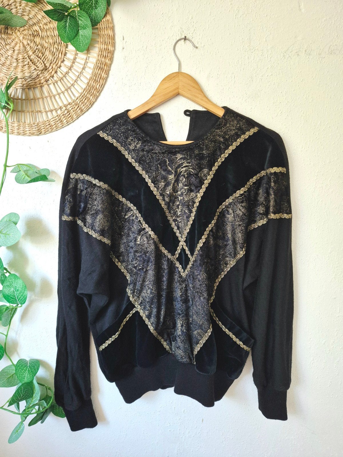 Vintage fluwelen boho/whimsigoth sweater S/M, Maat 38/40 (M), Verzenden, Zwart, Zo goed als nieuw