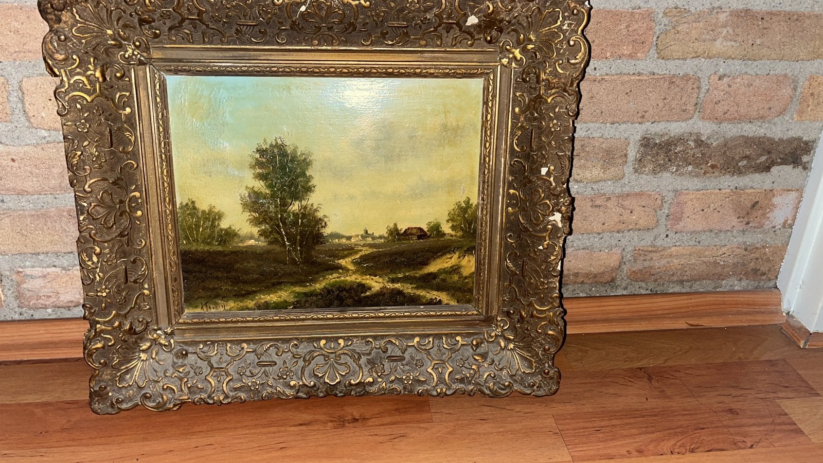 Antieke schilderijtje heide landschap berk, Antiek en Kunst, Ophalen