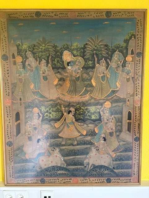 Indiaas schilderij, Ophalen, Beige, India, Ingelijst