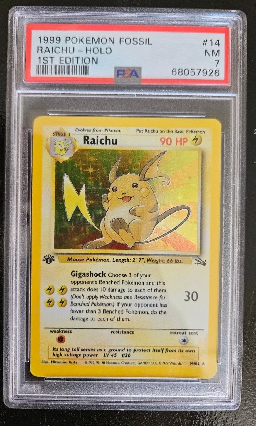 Pokémon Raichu Holo 1st Edition PSA 7 (1999 Fossil), Verzenden, Gebruikt, Losse kaart, Foil