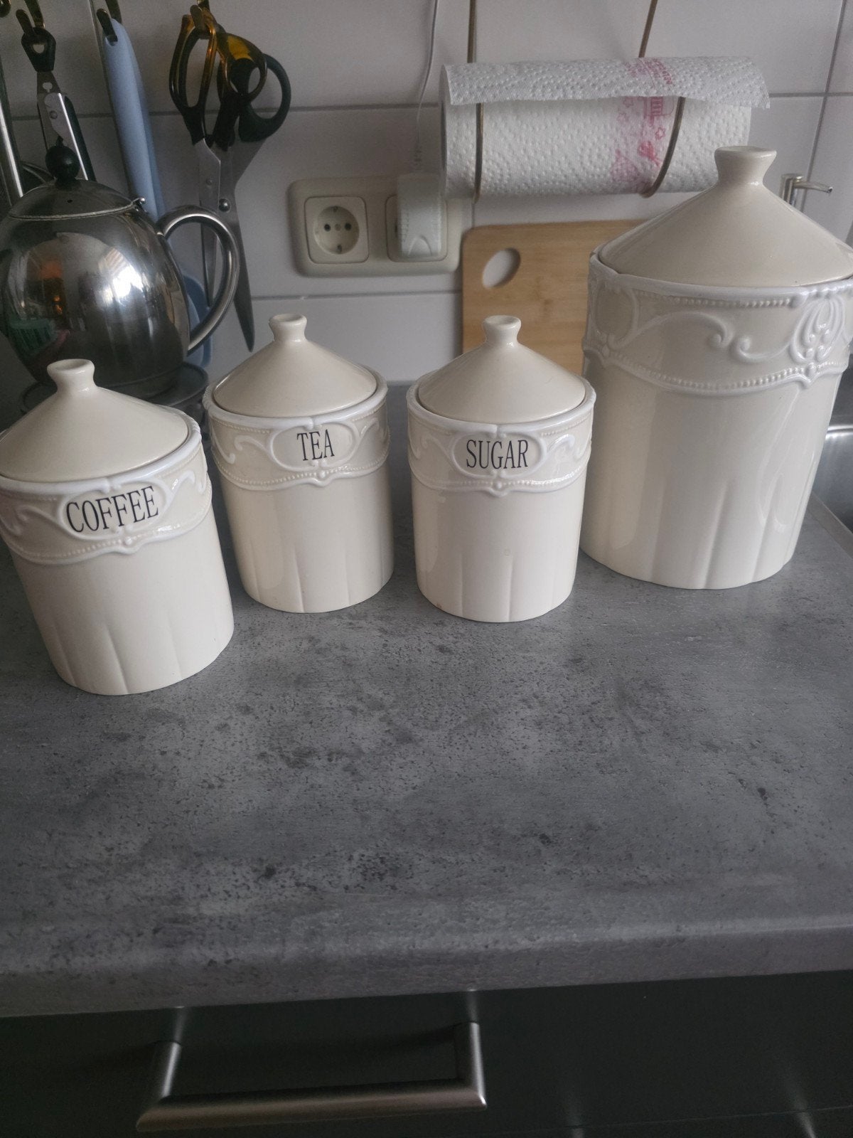 Crème Voorraadpotten Set - Koffie, Thee, Suiker & Meer, Beige, Gebruikt, Ophalen of Verzenden, Voorraadpot
