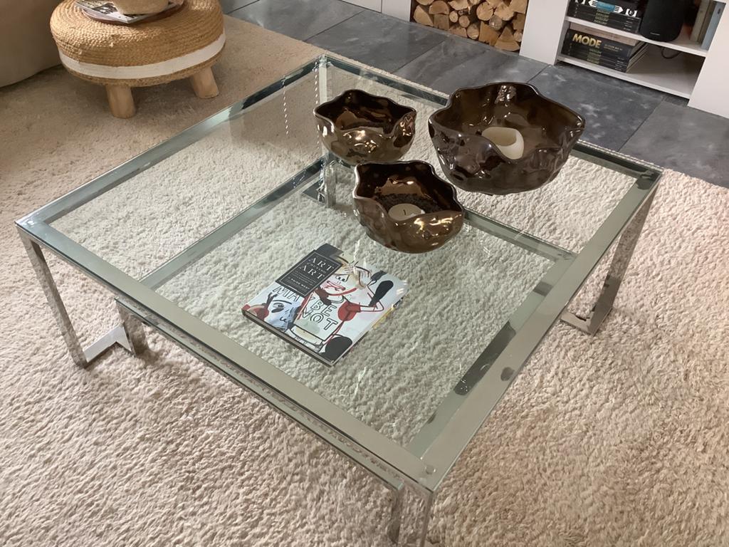 Stijlvolle glazen salontafel, verchroomd onderstel 100x100cm, Ophalen, 50 tot 100 cm, Vierkant, 50 tot 100 cm