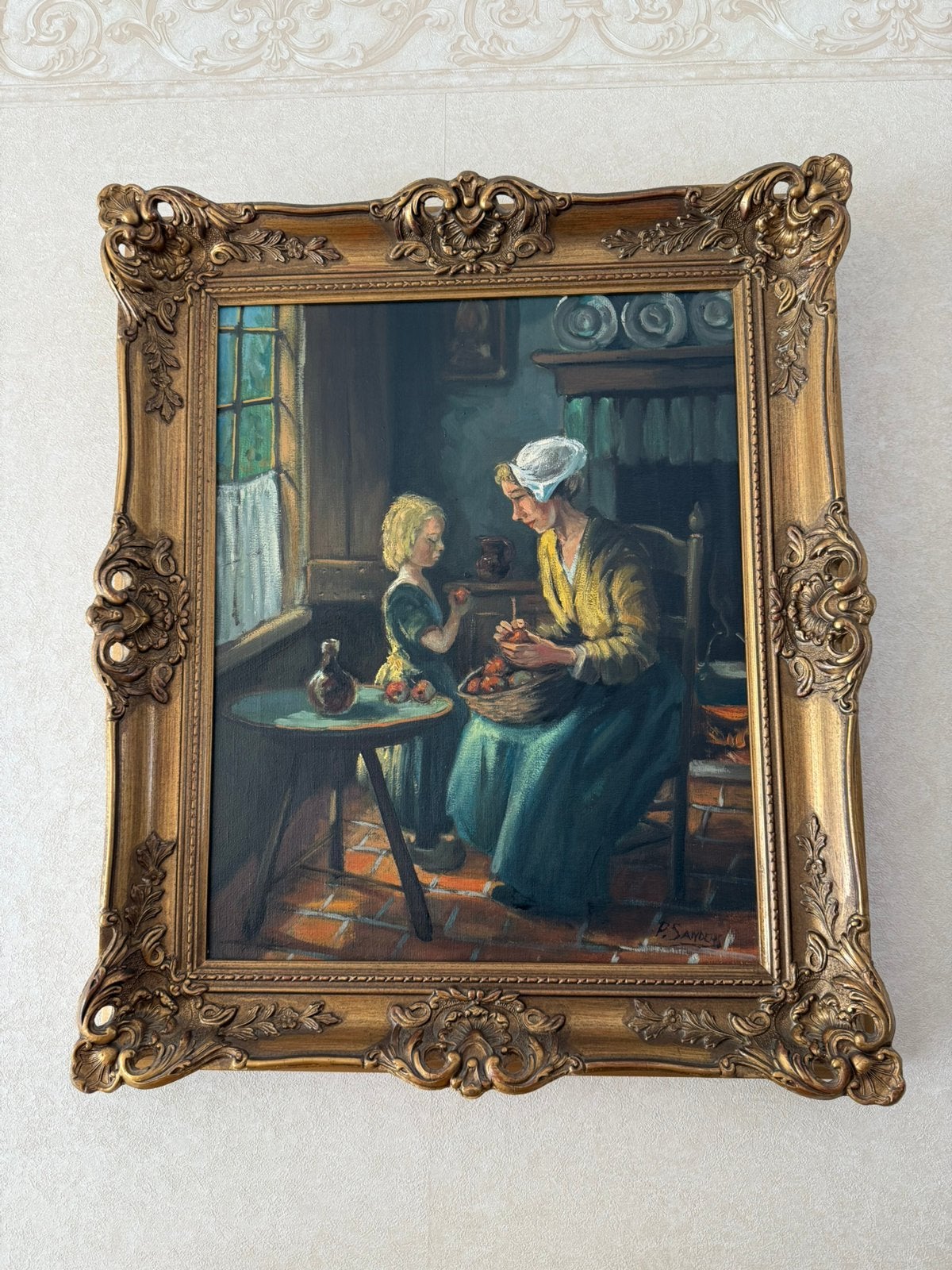 Schilderij P. Sanders: Moeder en Kind in Sierlijke Lijst, Ophalen of Verzenden, Ingelijst, Portret of Personen
