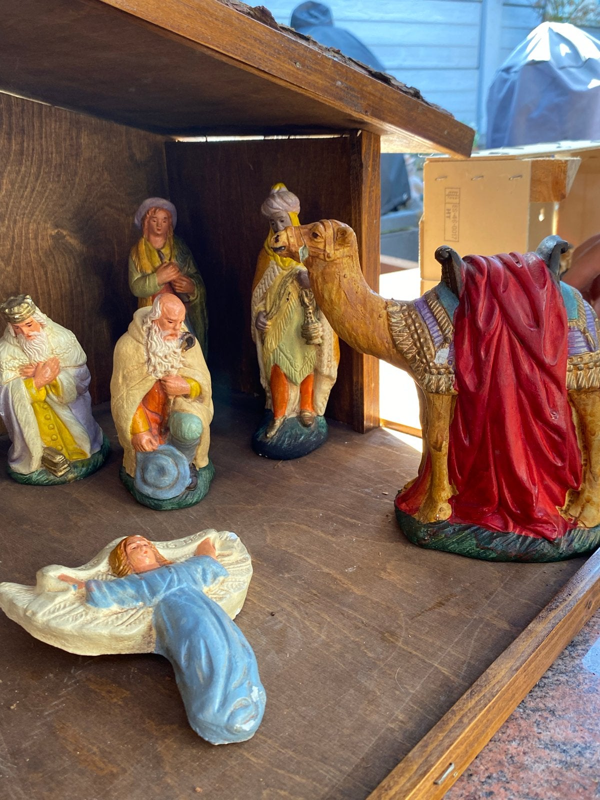 Vintage Kerststal met figuren: Maria, Jozef, herders, dieren, Ophalen