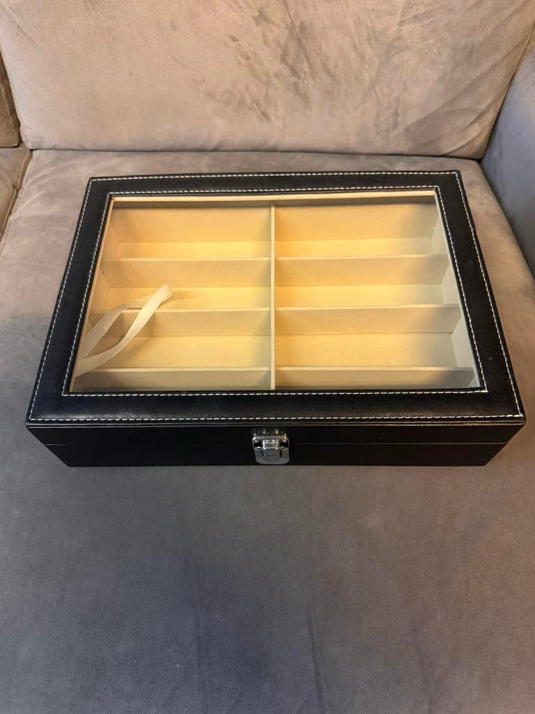 Luxe brillendoos met 8 vakken - Zwart leerlook, Ophalen, Zo goed als nieuw, Zwart