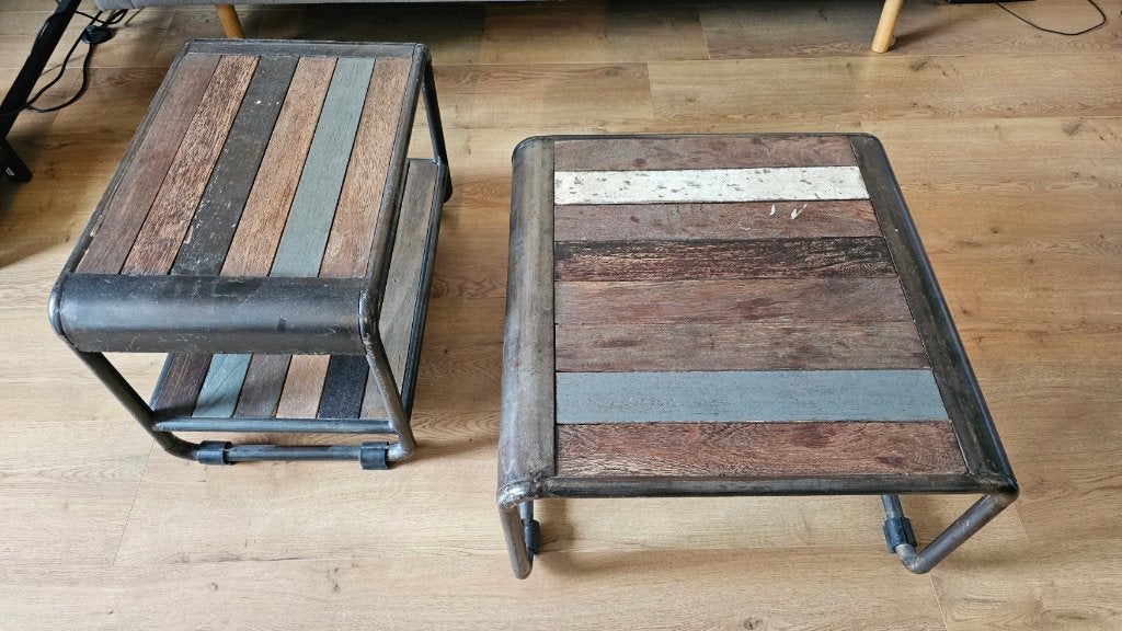 Robuuste industriële salontafelset van hout en metaal, Huis en Inrichting, Tafels | Salontafels, Ophalen, Gebruikt, 50 tot 100 cm