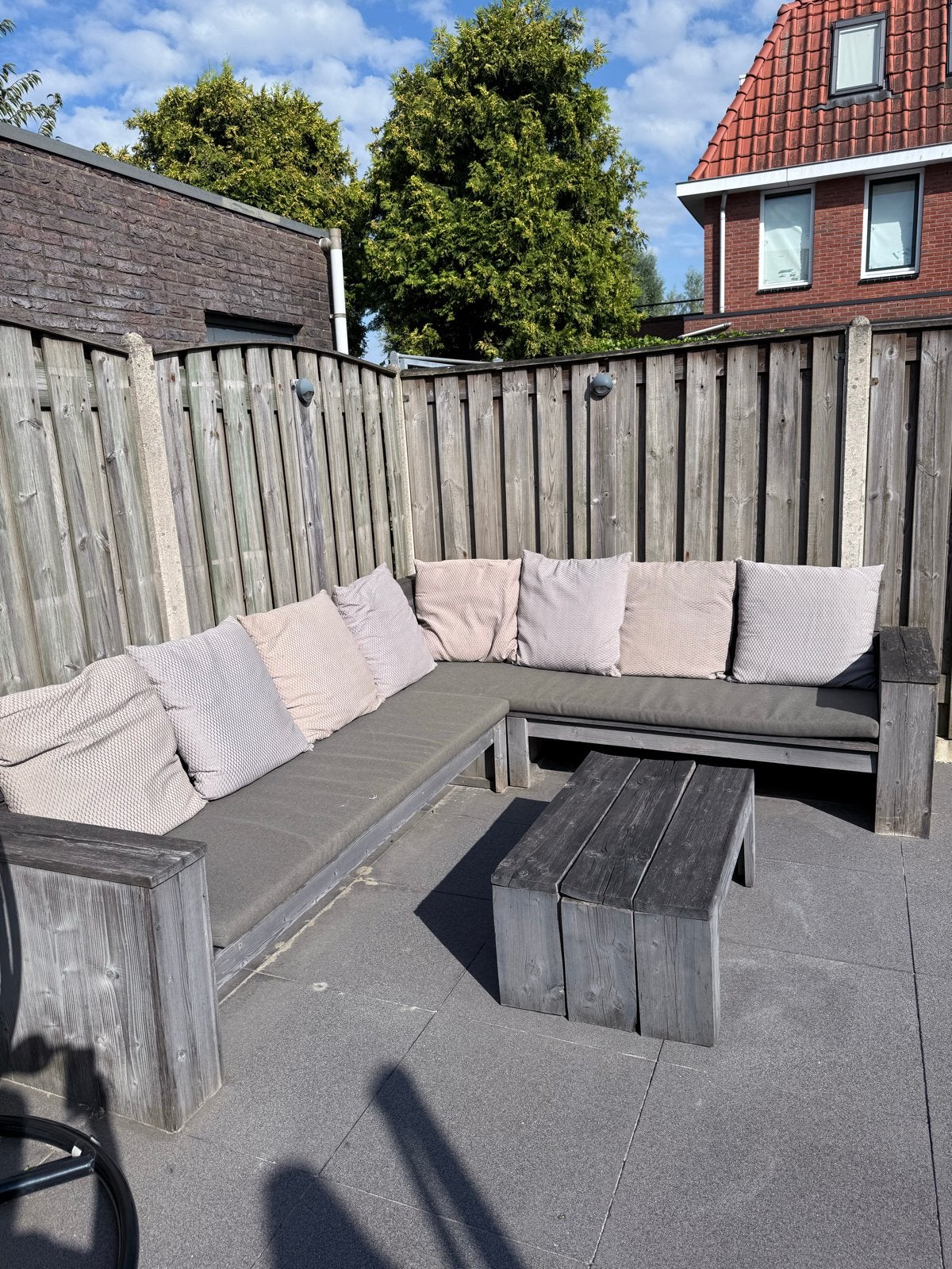 Steigerhouten loungeset met kussens - 2,5 x 3 meter, Ophalen, Gebruikt, Meer dan 8 zitplaatsen, Steigerhout