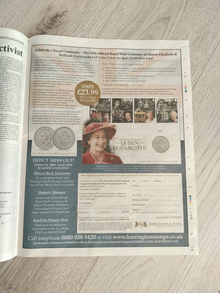 Queen Elizabeth II Coins & Stamp advertentie The Times krant, Verzamelen, Verzenden, Zo goed als nieuw, Buitenland, Overige typen