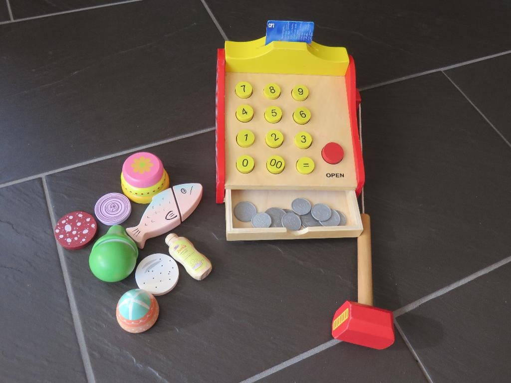 Houten kassa met boodschappen, geld en scanner., Kinderen en Baby's, Speelgoed | Houten speelgoed, Gebruikt, Ophalen of Verzenden