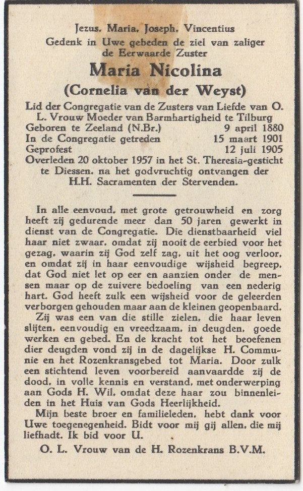 zr. Cornelia van der Weyst 1880 Zeeland + 1957 Diessen, 77 j, Ophalen of Verzenden