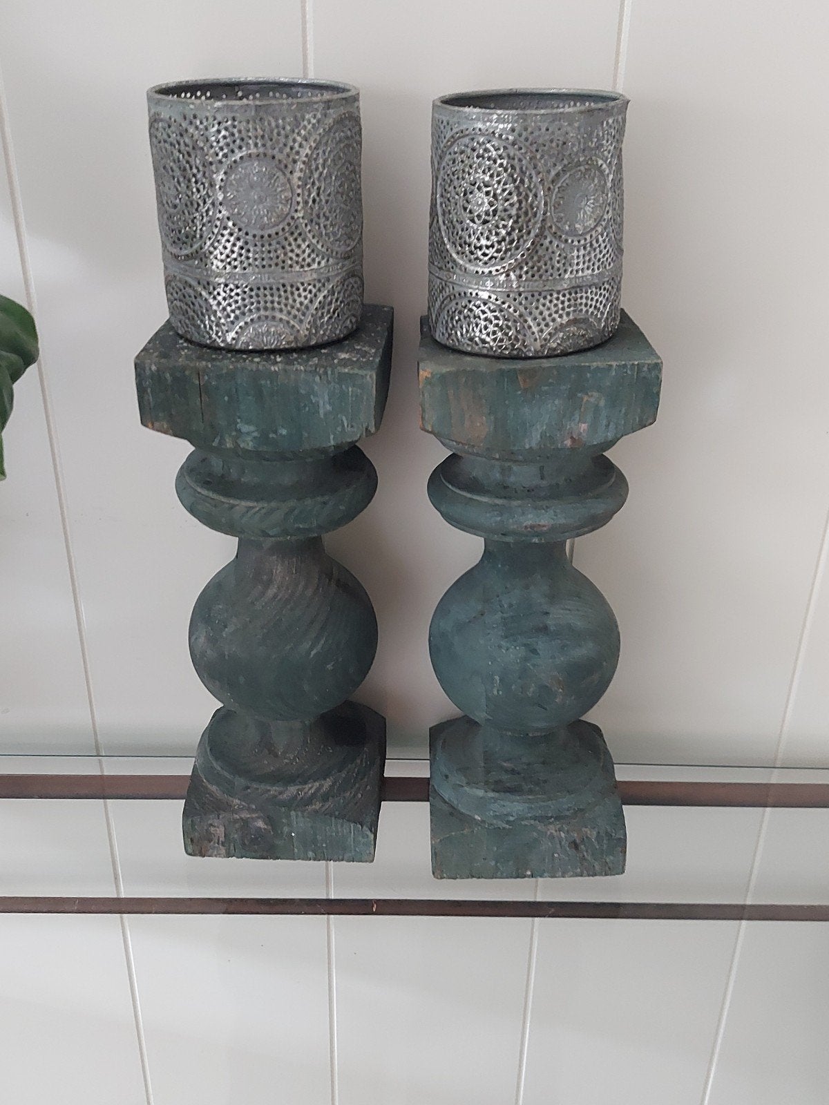 Houten kandelaar zuiltje pilaar sfeerlicht, Ophalen of Verzenden