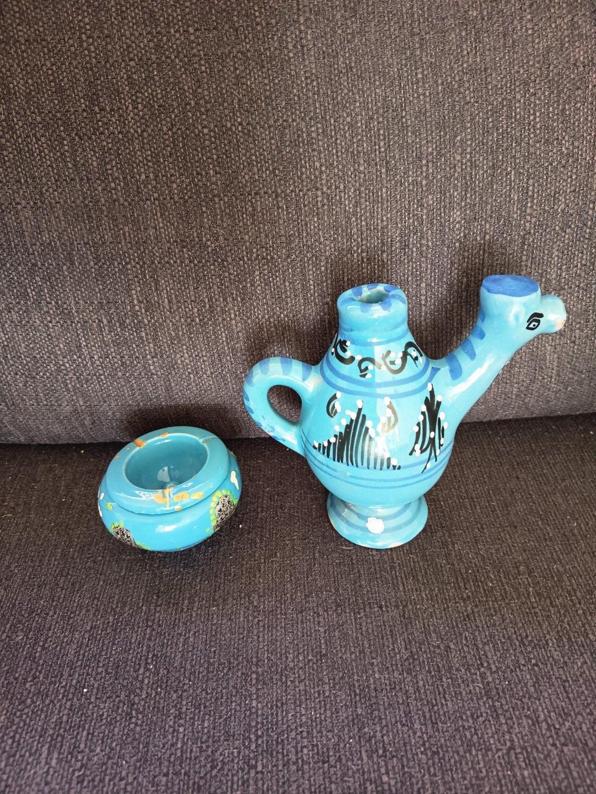 Decoratieve Oosterse Olielamp met Asbakje - Turquoise, Antiek en Kunst, Ophalen