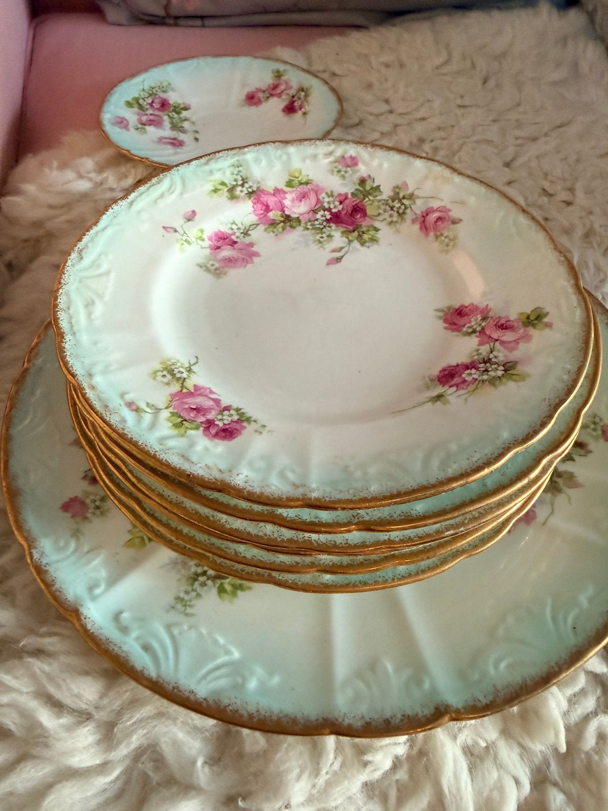Antiek porseleinen taartset mint met rozenn6 pers, Antiek en Kunst, Antiek | Servies compleet, Ophalen