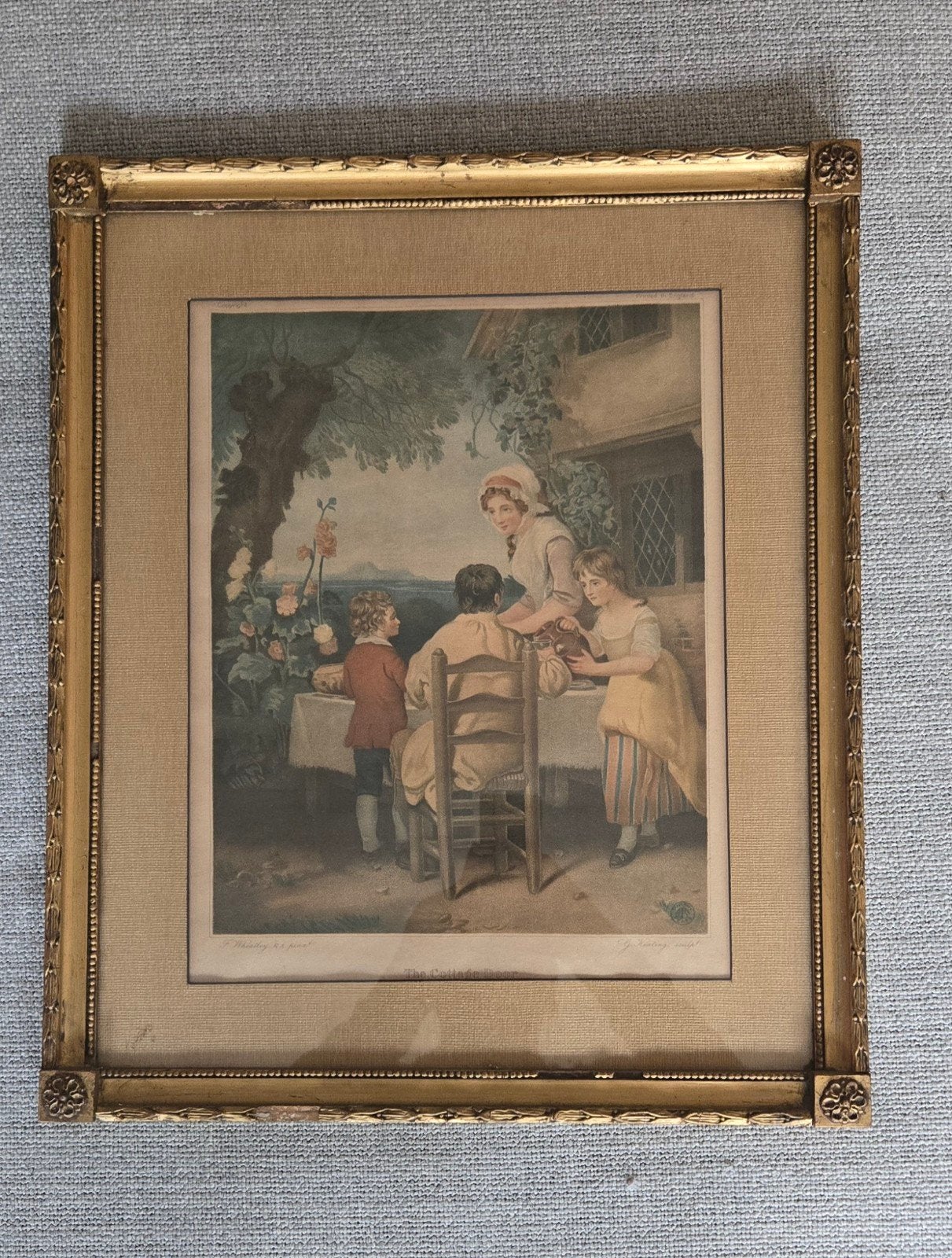 Antieke Gravure 'The Cottage Door' - George Keating (1790), Antiek en Kunst, Ophalen, Dagelijks leven, Gesigneerd, Gravure