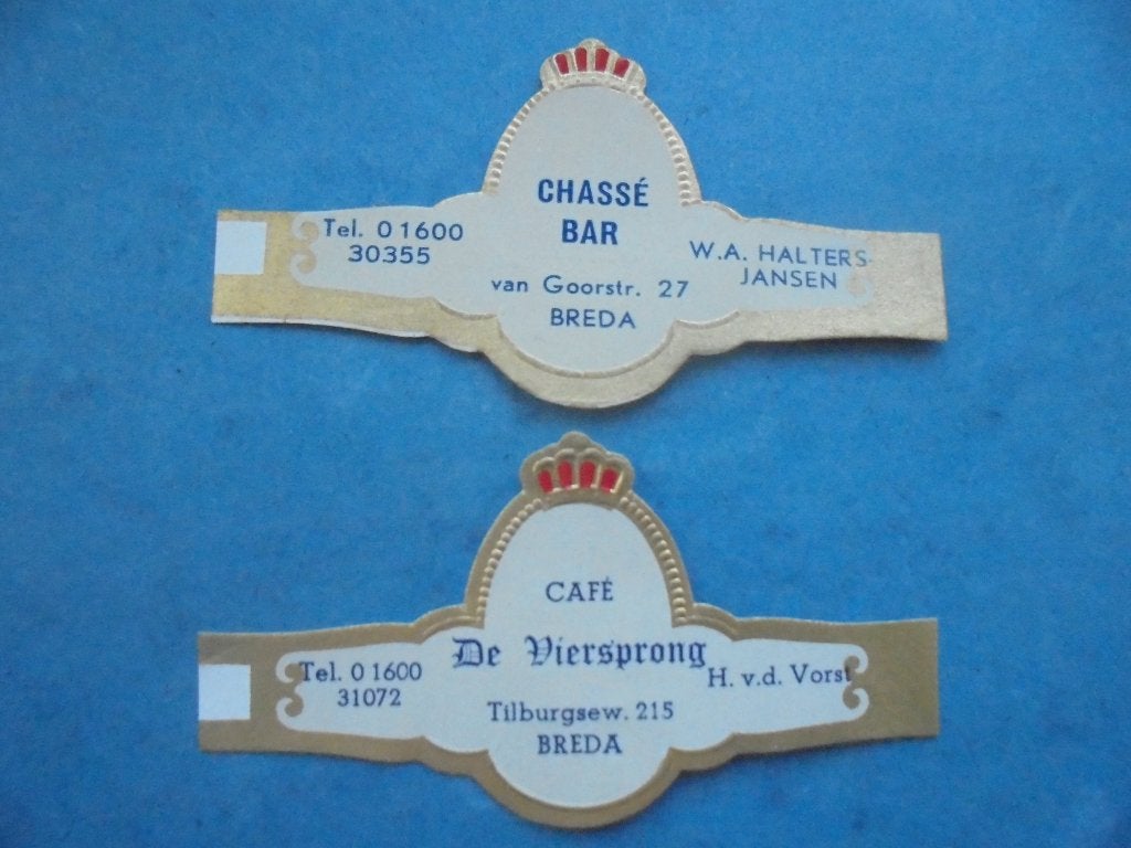 2 oude sigarenbanden BREDA Chassé Bar / Café De Viersprong, Ophalen of Verzenden, Zo goed als nieuw, Sigarenbandjes