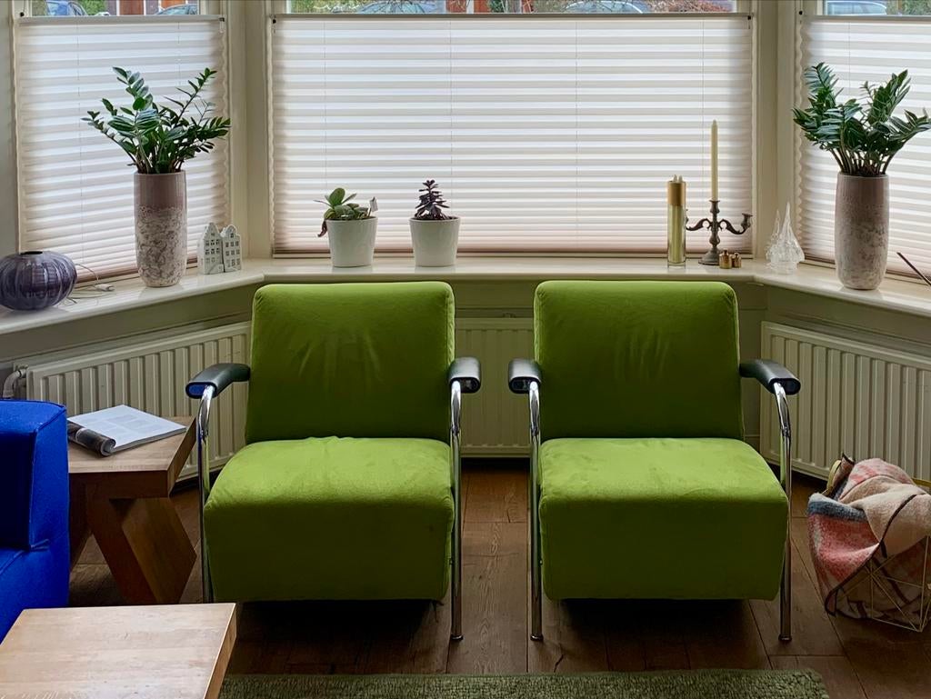 Twee Leolux Scylla fauteuils in groen, Huis en Inrichting, Fauteuils, Ophalen, Gebruikt, 75 tot 100 cm, Stof