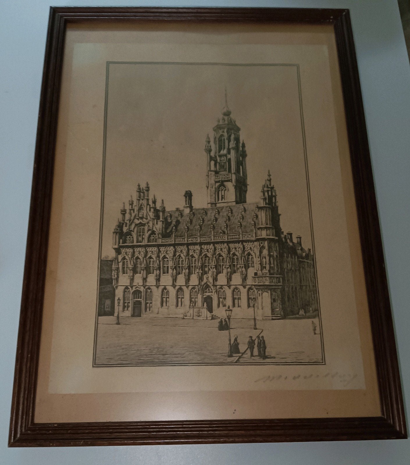 Antieke Prent Stadhuis Middelburg - Gravure, Ingelijst, 1800 - 1899, Stadsgezicht, Ophalen of Verzenden