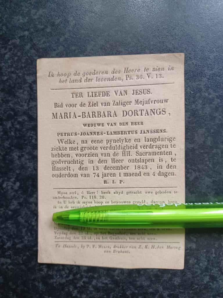 Bidprentje Hasselt Maria Dortangs 1769 1843, Ophalen, Bidprentje