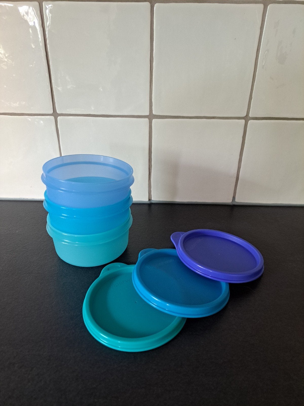 Tupperware dessert trio, Huis en Inrichting, Keuken | Tupperware, Gebruikt, Bak of Kom, Blauw, Ophalen of Verzenden