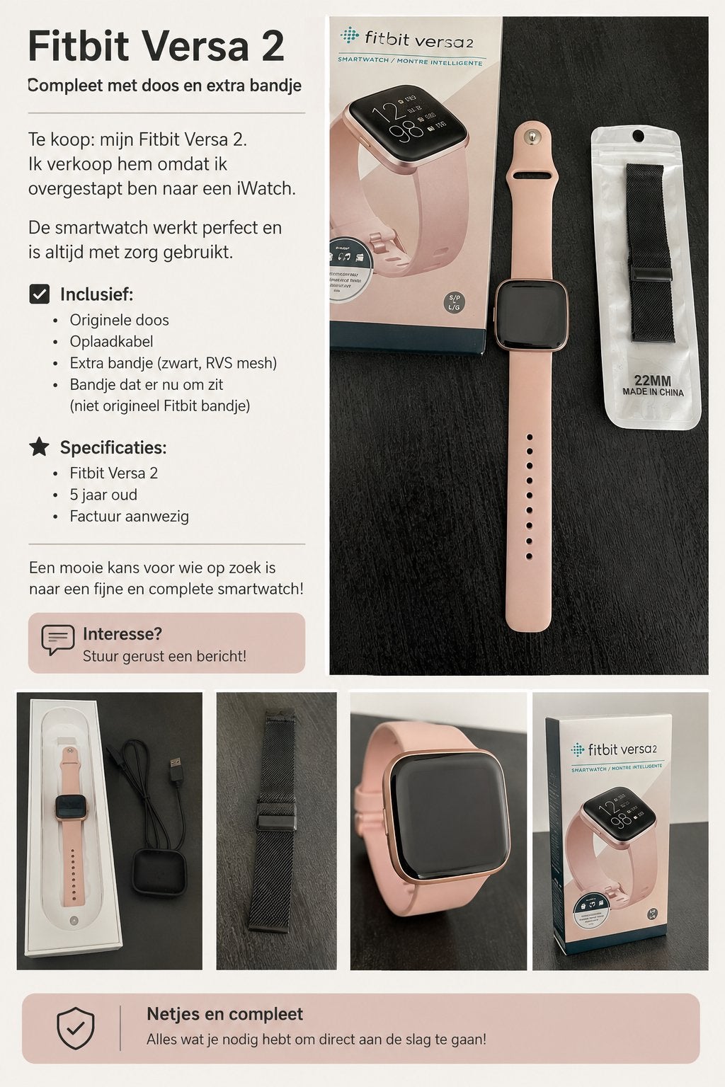 Fitbit Versa2, Sieraden, Tassen en Uiterlijk, Horloges | Dames, Kunststof, Gebruikt, Polshorloge, Kunststof