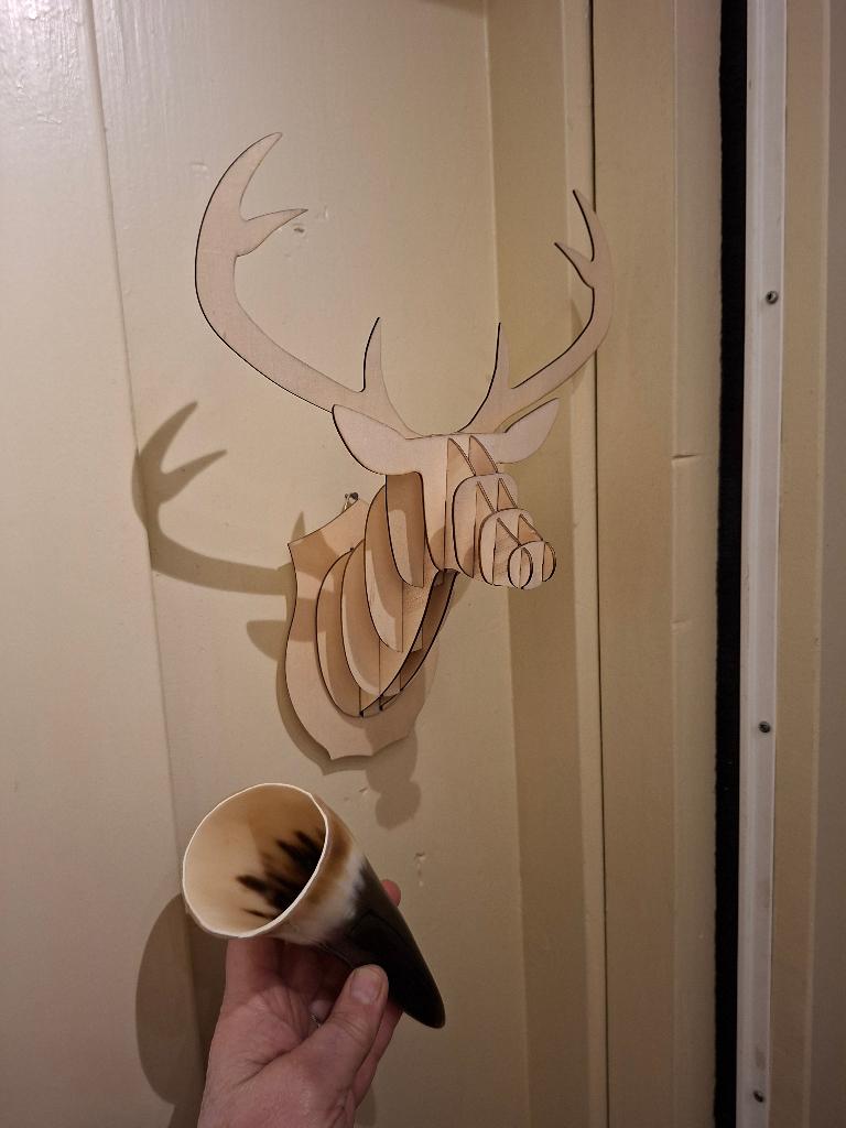 Hert hoofd 3d voor aan de muur + koeienhoorn = 7 euro, Wandhanger, Hout, 21 cm, Zo goed als nieuw